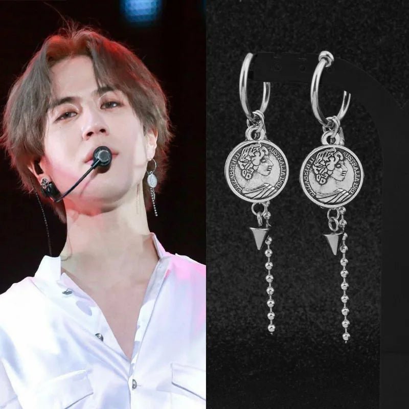 1 PC Stainless Steel Drop Earrings for Men/Women Star Moon Pendant Long Tassel Unisex Hoop Earrings Kpop Suga JIMIN Jewelry