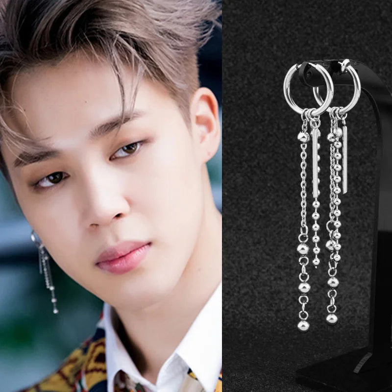 1 PC Stainless Steel Drop Earrings for Men/Women Star Moon Pendant Long Tassel Unisex Hoop Earrings Kpop Suga JIMIN Jewelry