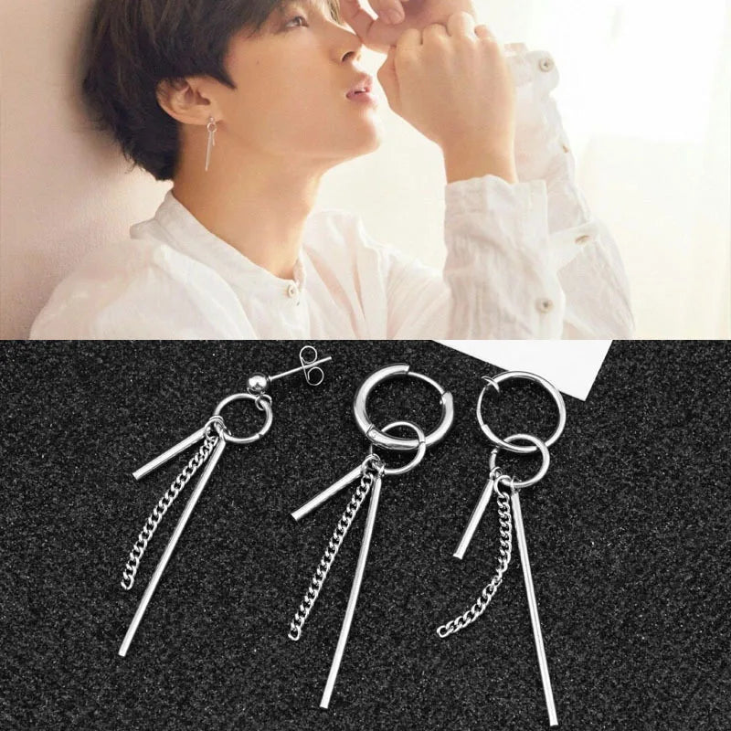 1 PC Stainless Steel Drop Earrings for Men/Women Star Moon Pendant Long Tassel Unisex Hoop Earrings Kpop Suga JIMIN Jewelry