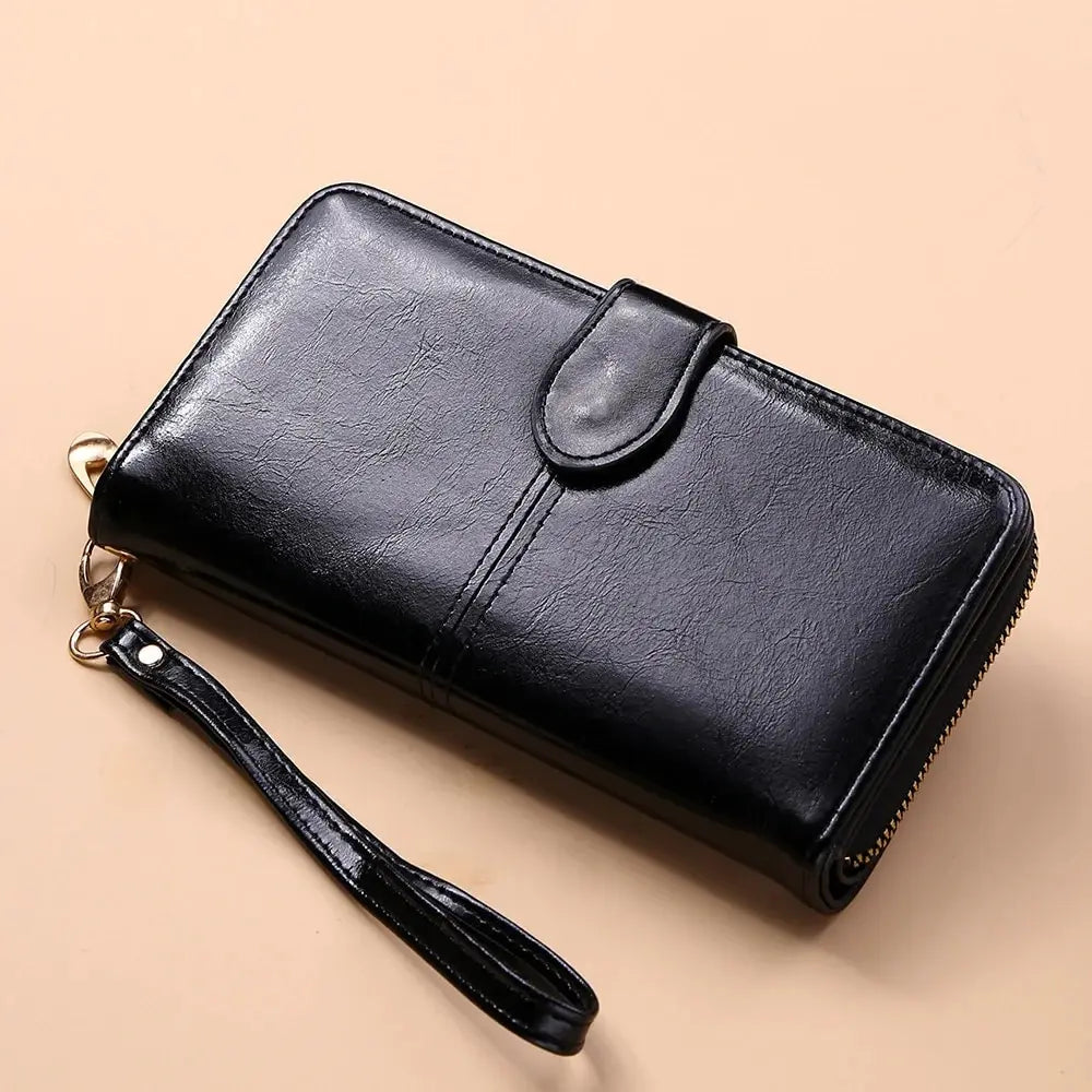 Women's Vintage Oil Wax PU Leather Clutch Wallet Female Large Capacity Phone Purse Ladies Wristband Simple Card Holder Pouch Bag