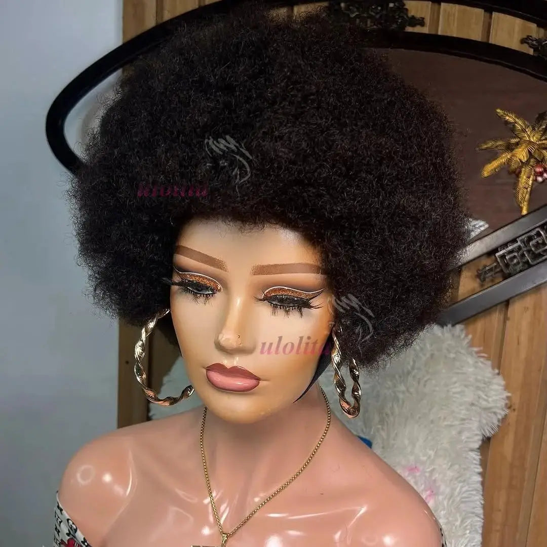 Short Kinky Curly Full Machine Wig With Bangs Scalp Top Remy Brazilian Afro Kinky Curly Human Hair Wigs For Black Women 1B
