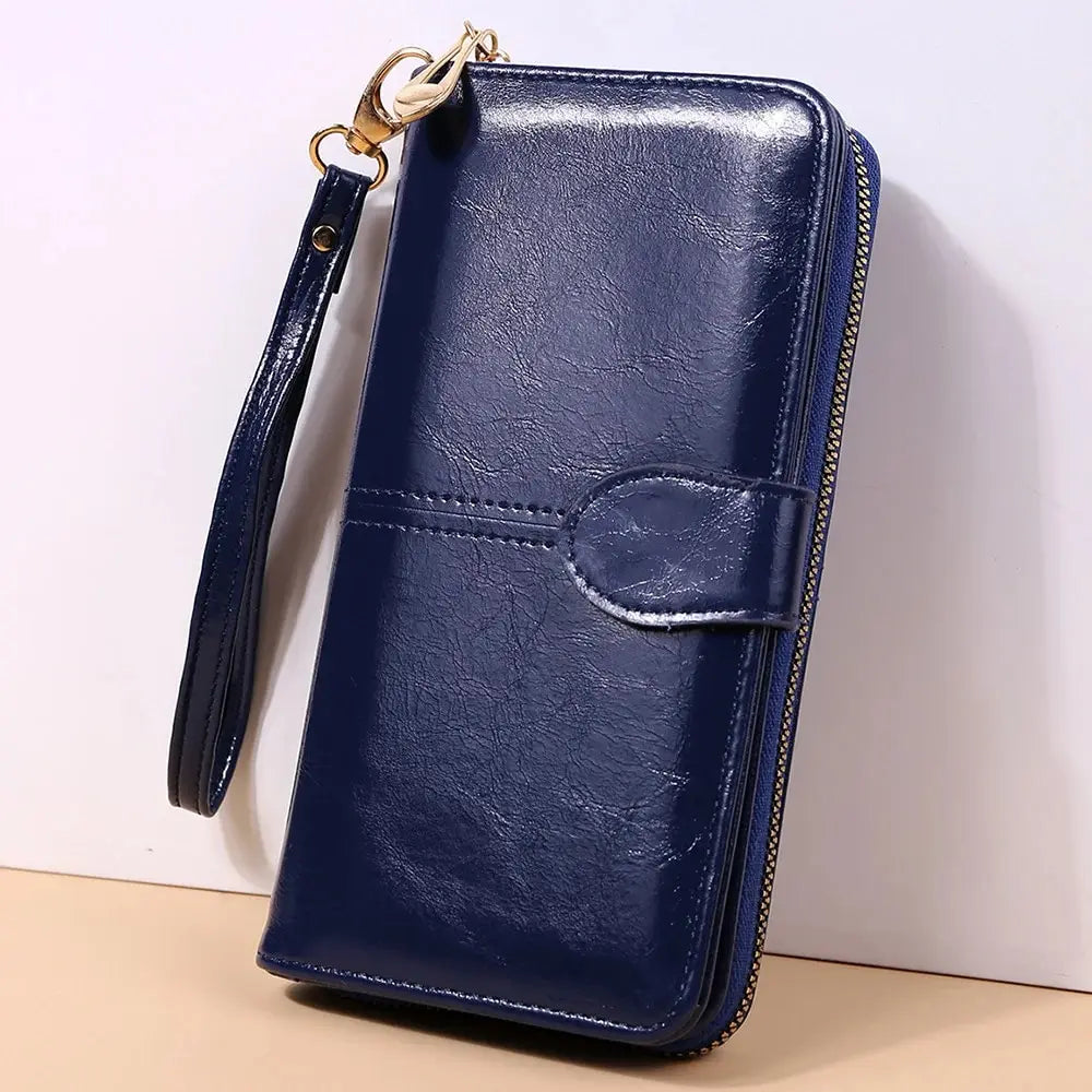 Women's Vintage Oil Wax PU Leather Clutch Wallet Female Large Capacity Phone Purse Ladies Wristband Simple Card Holder Pouch Bag