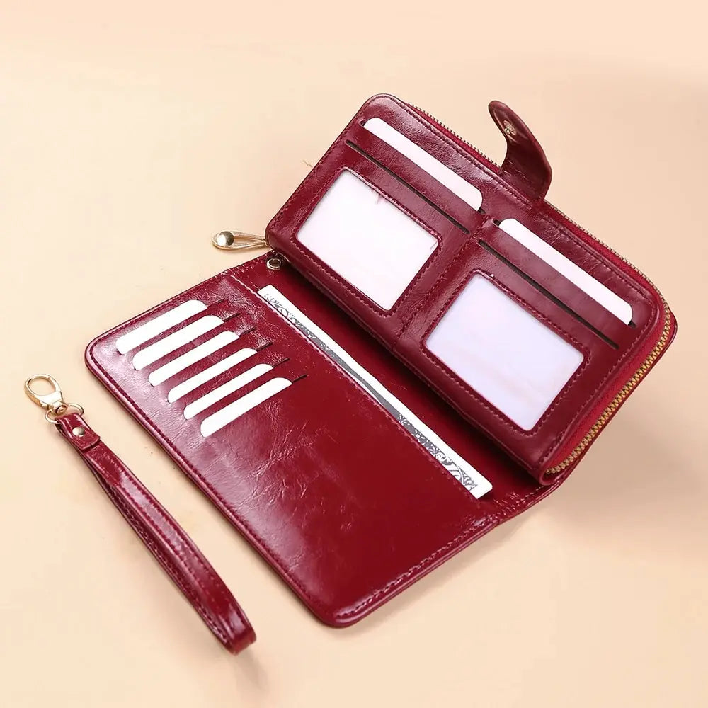 Women's Vintage Oil Wax PU Leather Clutch Wallet Female Large Capacity Phone Purse Ladies Wristband Simple Card Holder Pouch Bag