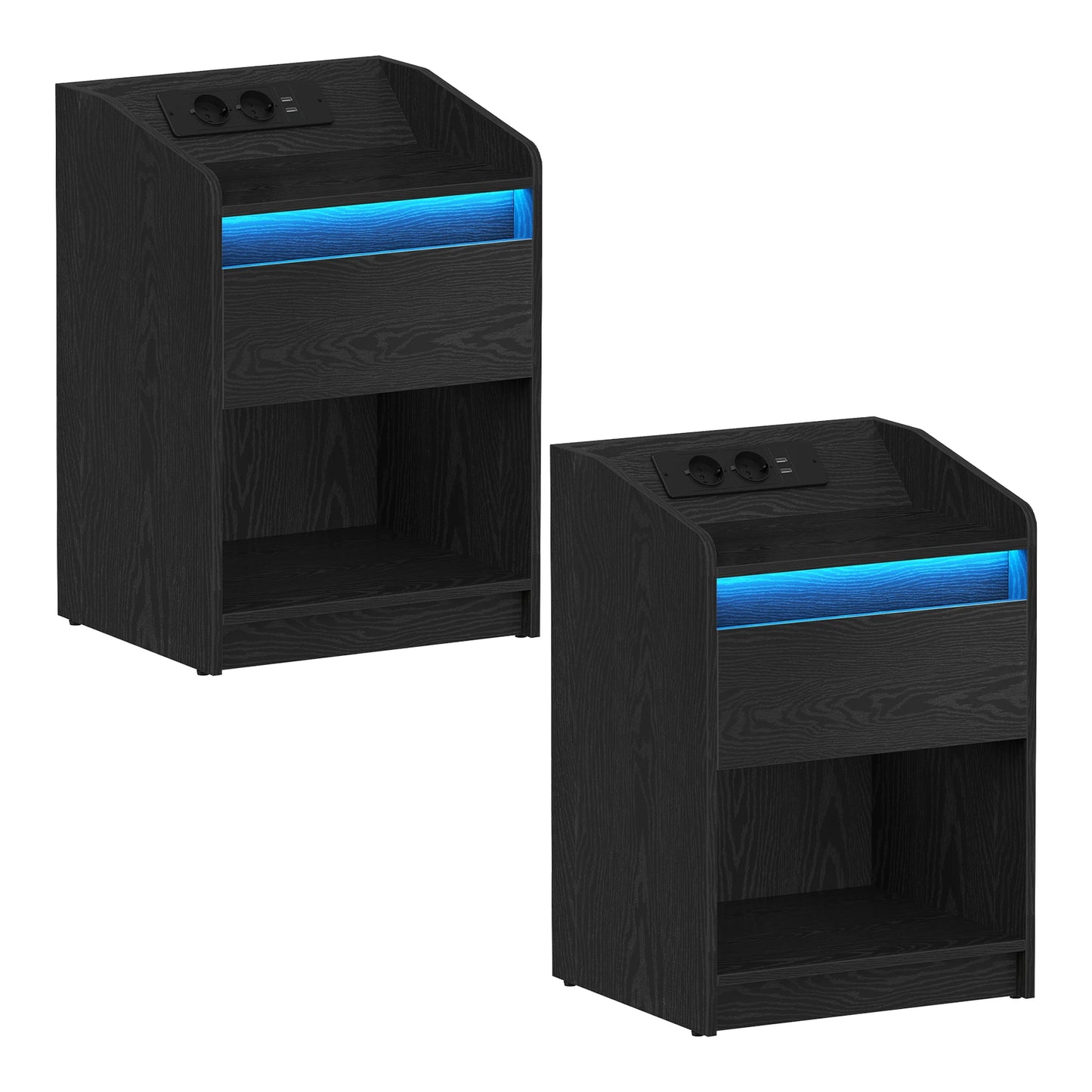 Hzuaneri Bedside Table Set of 2 with LED Light, Bedside Cabinet with Charging Station, 1 Storage Drawer Nightstand for Bedroom