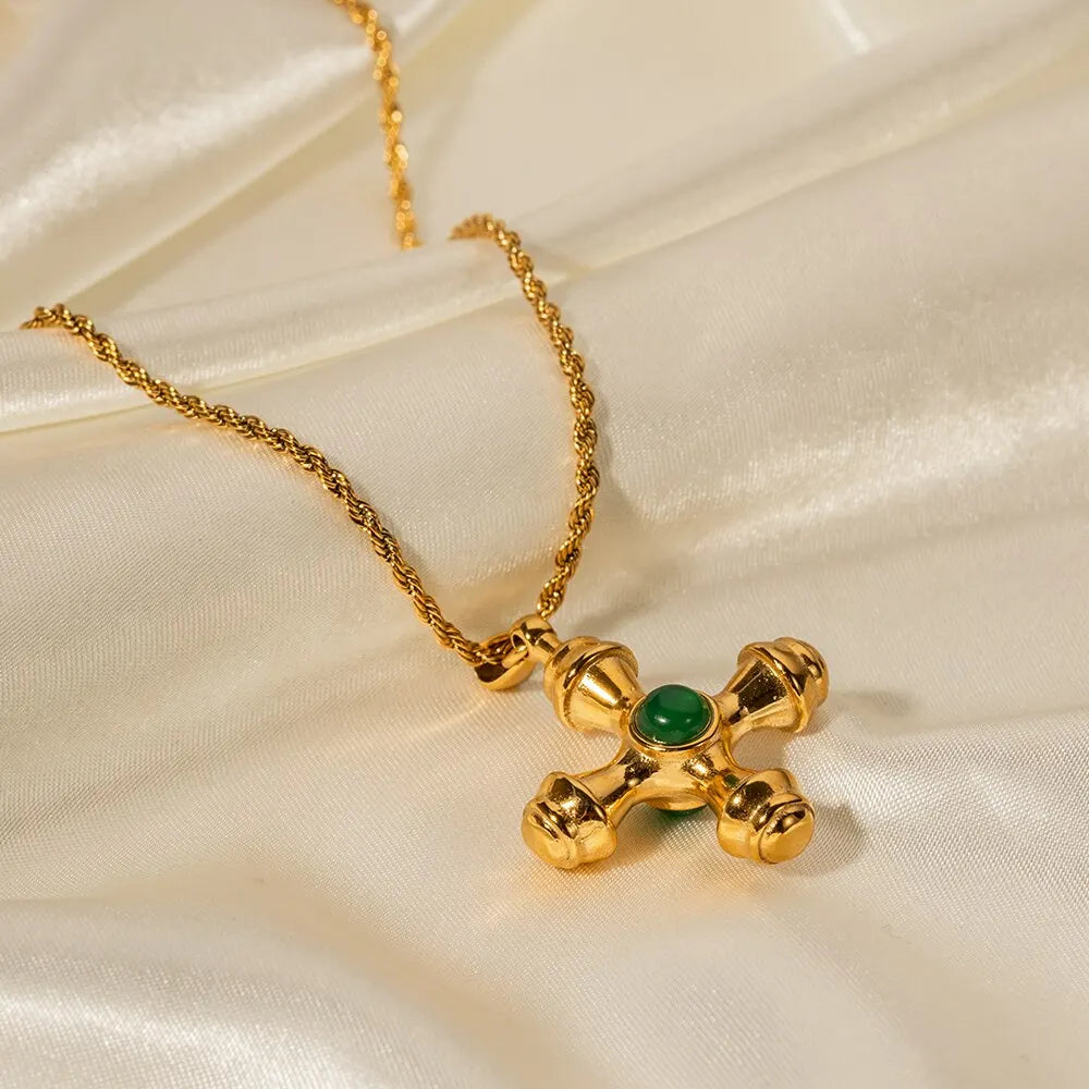 18K Gold Plated Minimalistic Cross Pattern Design Tarnishproof Stainless Steel Inlay Natural Stone Pendant Charm Lady Necklace
