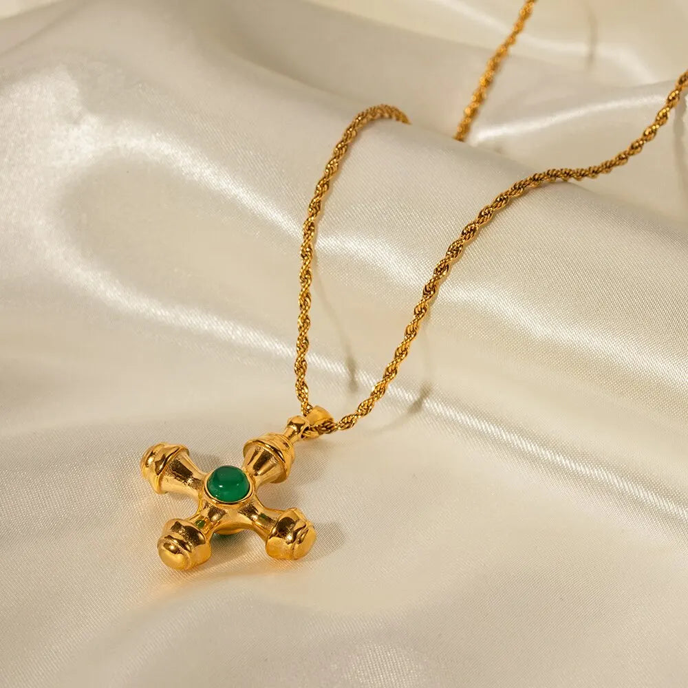 18K Gold Plated Minimalistic Cross Pattern Design Tarnishproof Stainless Steel Inlay Natural Stone Pendant Charm Lady Necklace