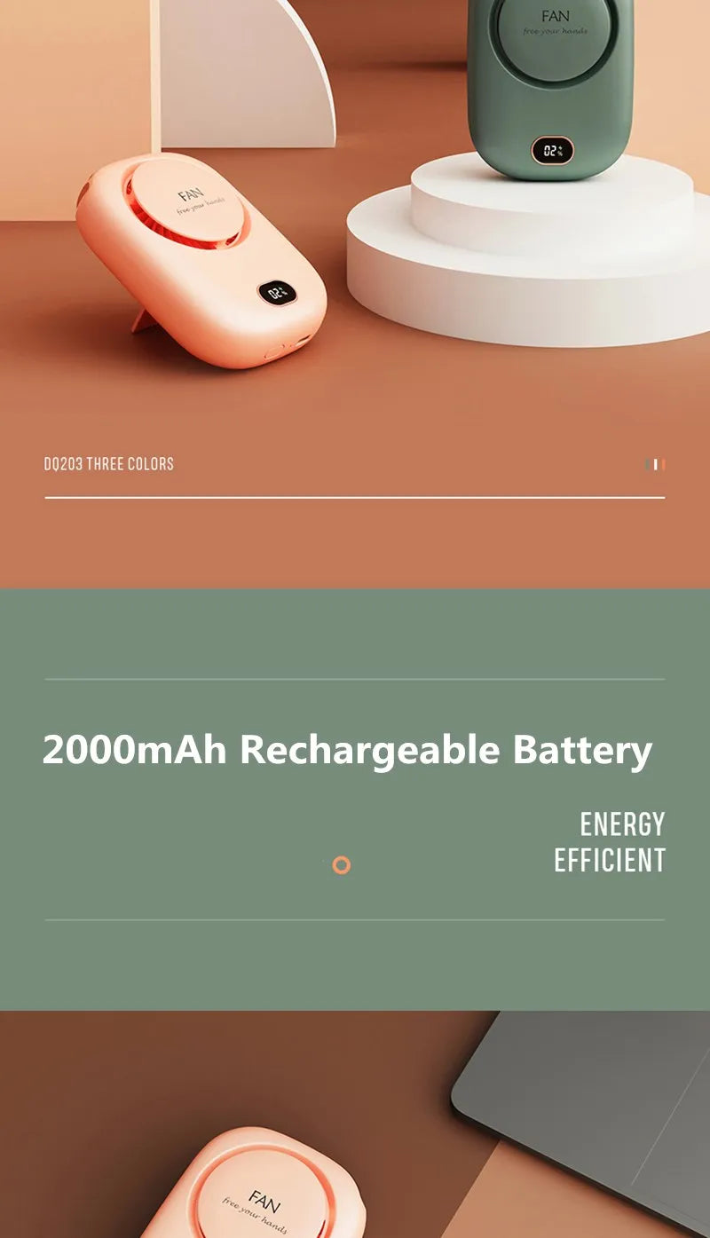 2000mAh Portable Mini Hanging Neck Fan Power ventilador Bladeless Neckband Fan Air Cooler USB Rechargeable Electric Fans