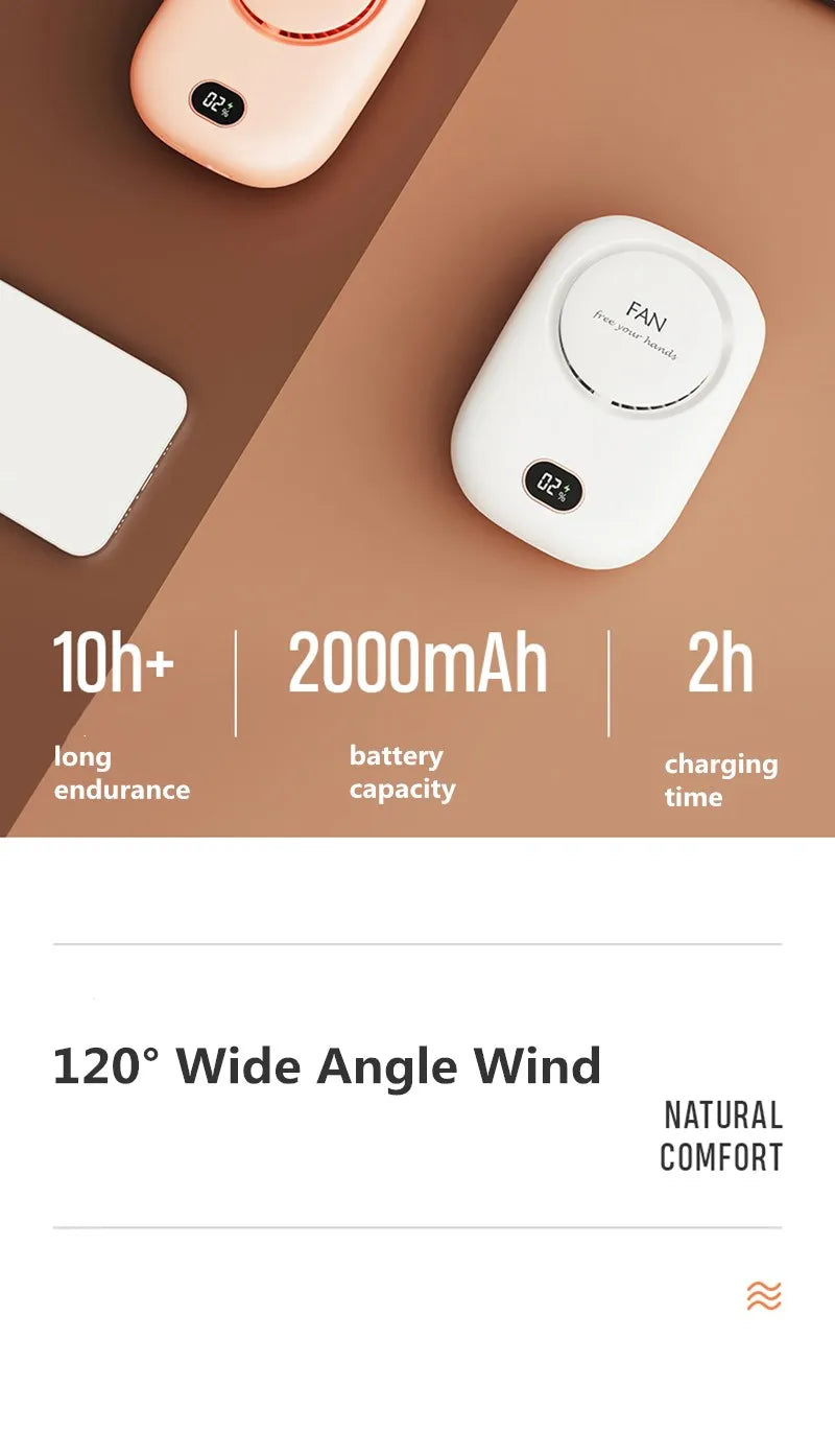 2000mAh Portable Mini Hanging Neck Fan Power ventilador Bladeless Neckband Fan Air Cooler USB Rechargeable Electric Fans