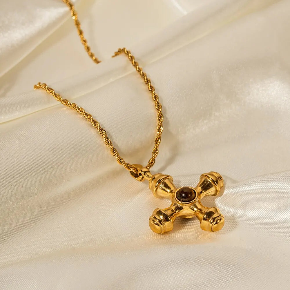 18K Gold Plated Minimalistic Cross Pattern Design Tarnishproof Stainless Steel Inlay Natural Stone Pendant Charm Lady Necklace