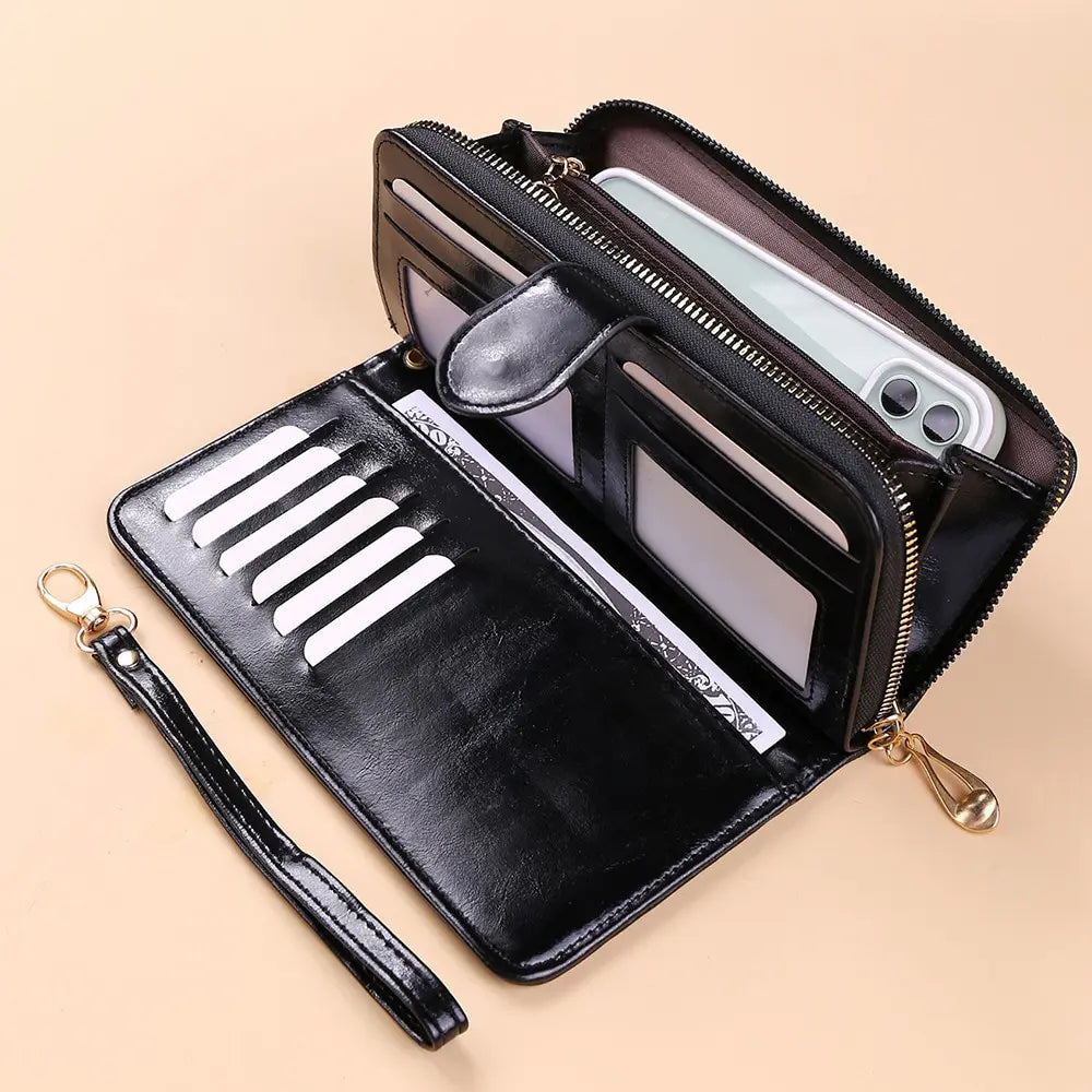 Women's Vintage Oil Wax PU Leather Clutch Wallet Female Large Capacity Phone Purse Ladies Wristband Simple Card Holder Pouch Bag