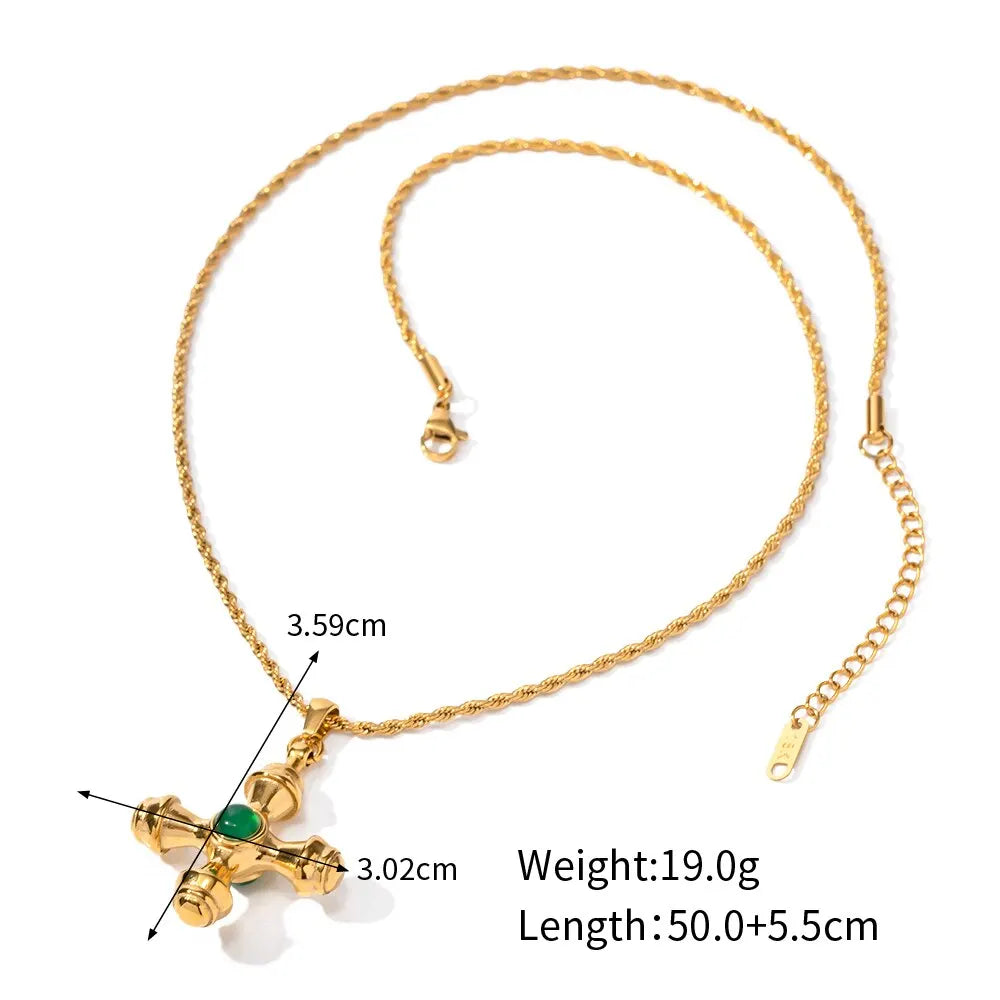 18K Gold Plated Minimalistic Cross Pattern Design Tarnishproof Stainless Steel Inlay Natural Stone Pendant Charm Lady Necklace