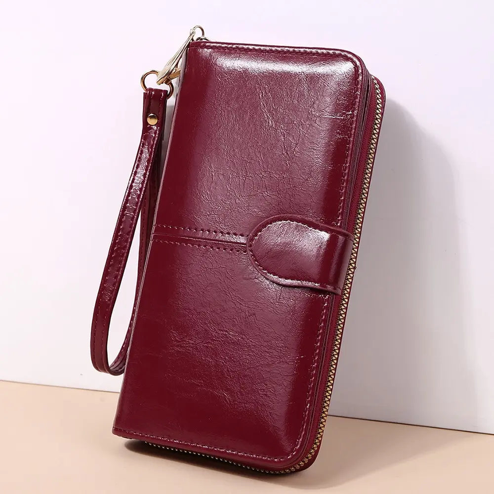 Women's Vintage Oil Wax PU Leather Clutch Wallet Female Large Capacity Phone Purse Ladies Wristband Simple Card Holder Pouch Bag