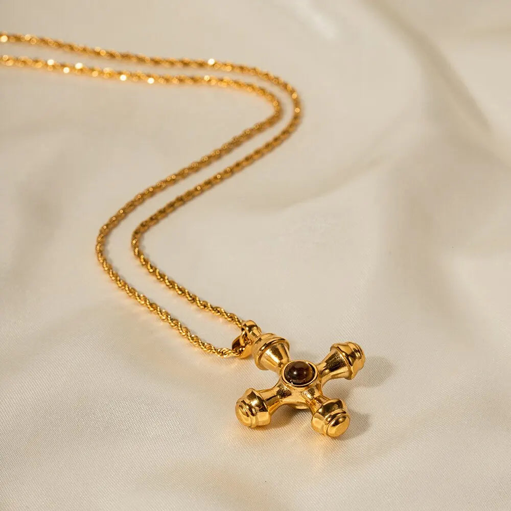 18K Gold Plated Minimalistic Cross Pattern Design Tarnishproof Stainless Steel Inlay Natural Stone Pendant Charm Lady Necklace