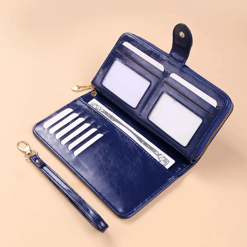 Women's Vintage Oil Wax PU Leather Clutch Wallet Female Large Capacity Phone Purse Ladies Wristband Simple Card Holder Pouch Bag