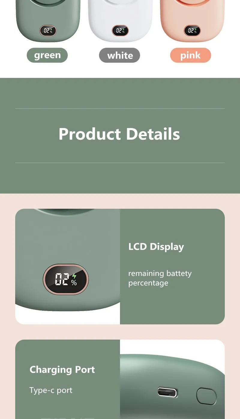 2000mAh Portable Mini Hanging Neck Fan Power ventilador Bladeless Neckband Fan Air Cooler USB Rechargeable Electric Fans