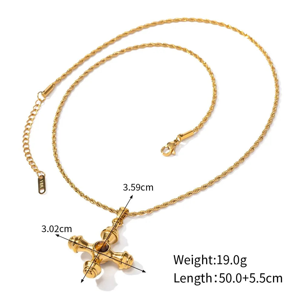 18K Gold Plated Minimalistic Cross Pattern Design Tarnishproof Stainless Steel Inlay Natural Stone Pendant Charm Lady Necklace