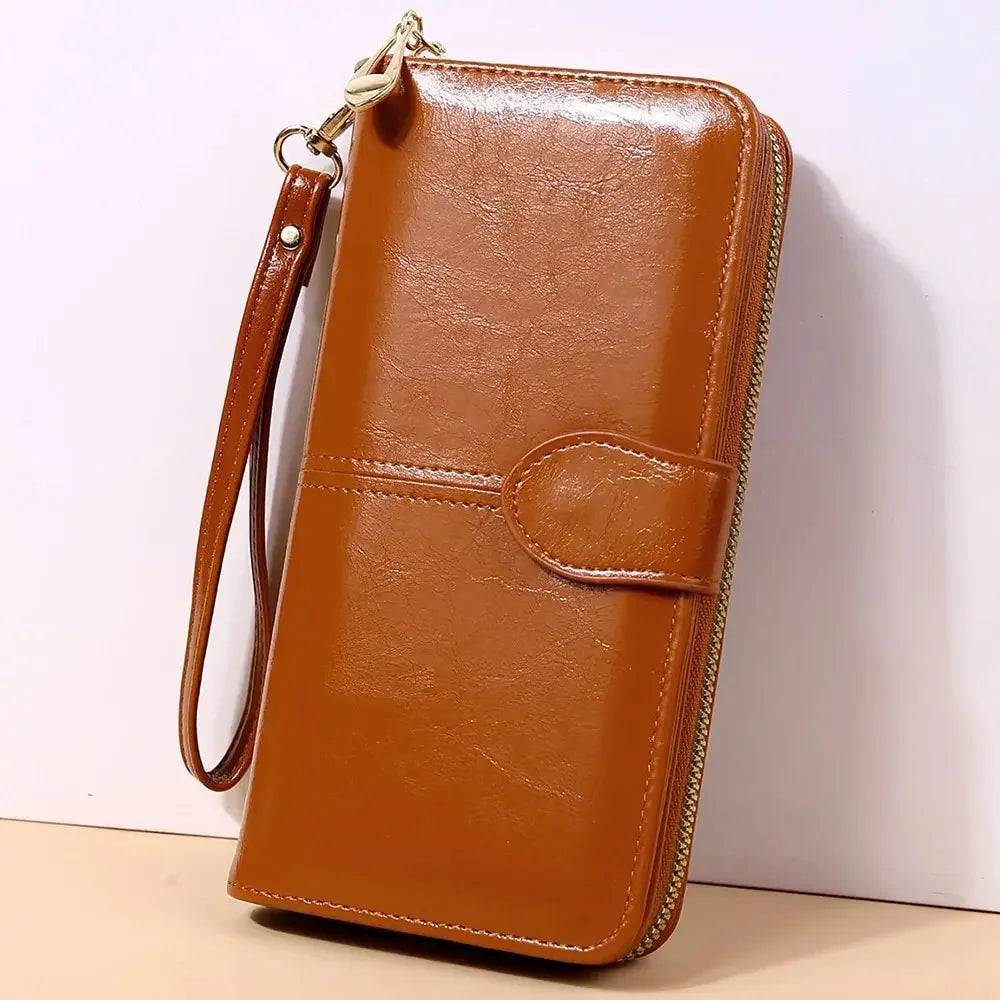 Women's Vintage Oil Wax PU Leather Clutch Wallet Female Large Capacity Phone Purse Ladies Wristband Simple Card Holder Pouch Bag