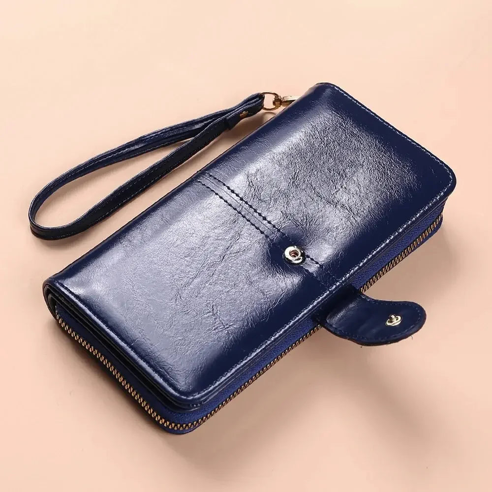 Women's Vintage Oil Wax PU Leather Clutch Wallet Female Large Capacity Phone Purse Ladies Wristband Simple Card Holder Pouch Bag