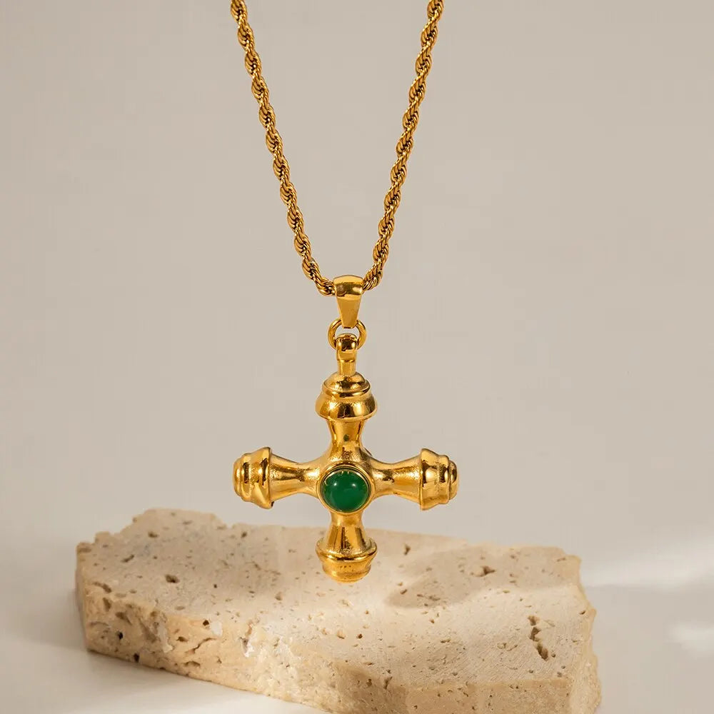 18K Gold Plated Minimalistic Cross Pattern Design Tarnishproof Stainless Steel Inlay Natural Stone Pendant Charm Lady Necklace