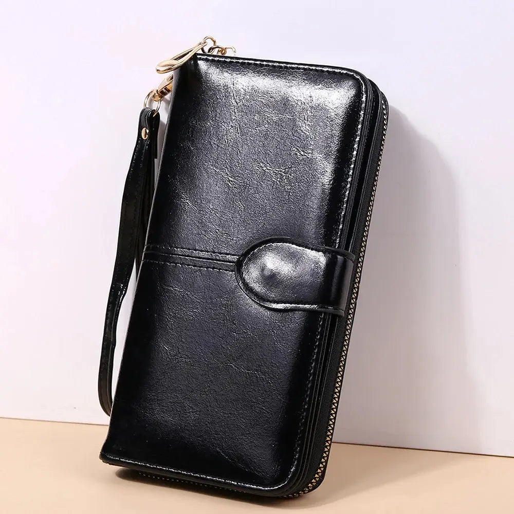 Women's Vintage Oil Wax PU Leather Clutch Wallet Female Large Capacity Phone Purse Ladies Wristband Simple Card Holder Pouch Bag