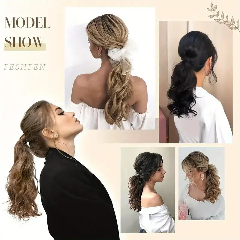 14Inch Synthetic Curly Wrap Around Clip in Ponytail Blonde Brown Short Hairpiece Fake Hair Extension for Women