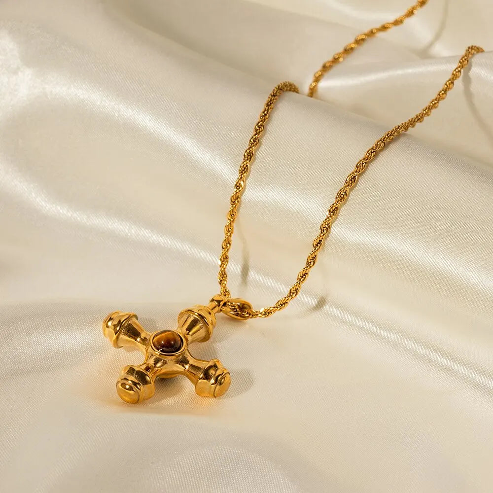 18K Gold Plated Minimalistic Cross Pattern Design Tarnishproof Stainless Steel Inlay Natural Stone Pendant Charm Lady Necklace