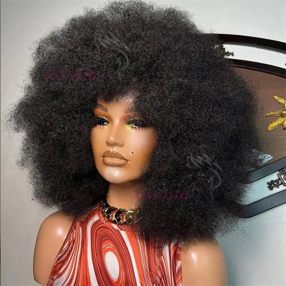 Short Kinky Curly Full Machine Wig With Bangs Scalp Top Remy Brazilian Afro Kinky Curly Human Hair Wigs For Black Women 1B