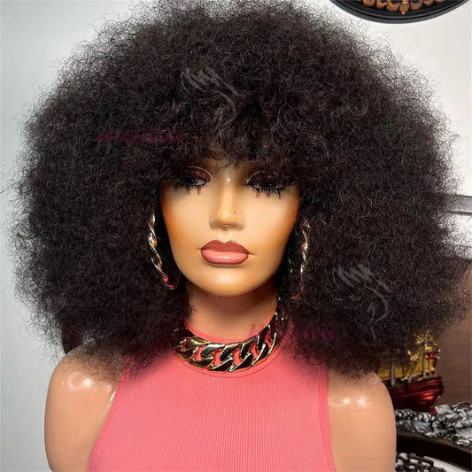 Short Kinky Curly Full Machine Wig With Bangs Scalp Top Remy Brazilian Afro Kinky Curly Human Hair Wigs For Black Women 1B