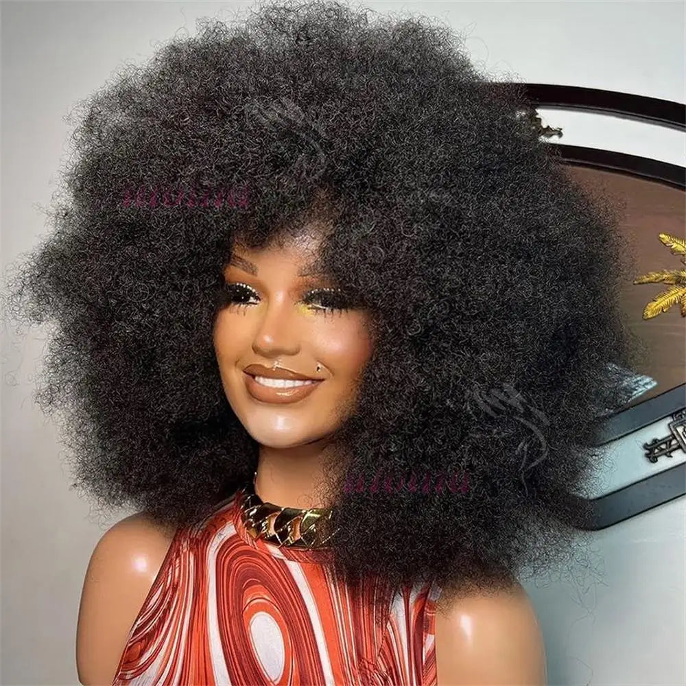 Short Kinky Curly Full Machine Wig With Bangs Scalp Top Remy Brazilian Afro Kinky Curly Human Hair Wigs For Black Women 1B