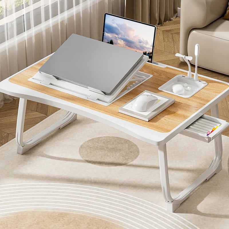 Foldable Laptop Bed Desk] Portable Adjustable Height Foldable Laptop Bed Desk with Wooden Surface - Storage Slots & Drawers for