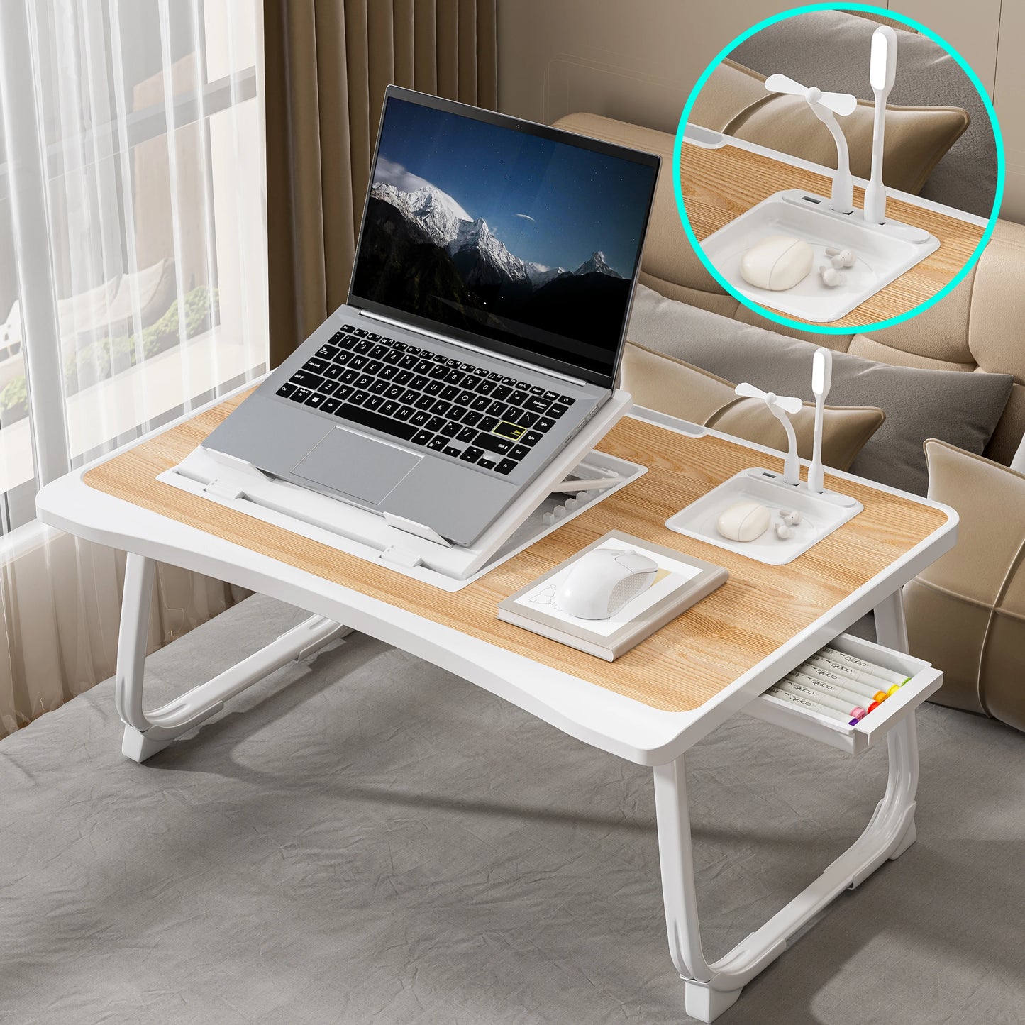 Foldable Laptop Bed Desk] Portable Adjustable Height Foldable Laptop Bed Desk with Wooden Surface - Storage Slots & Drawers for