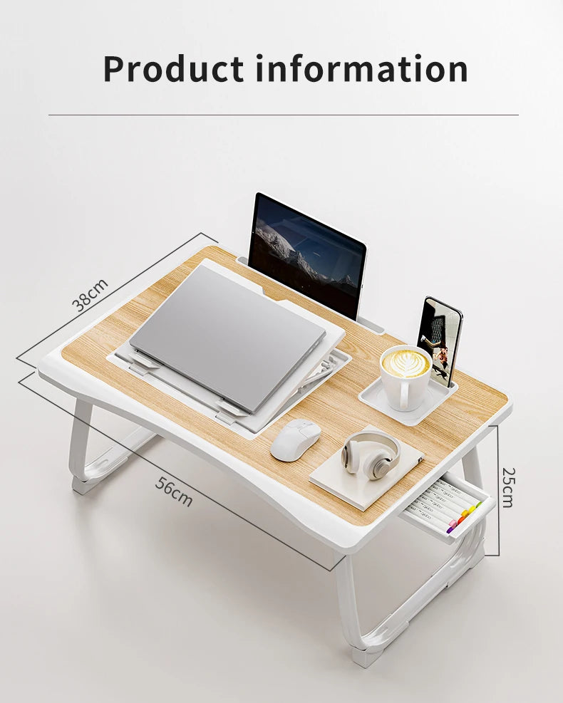 Foldable Laptop Bed Desk] Portable Adjustable Height Foldable Laptop Bed Desk with Wooden Surface - Storage Slots & Drawers for