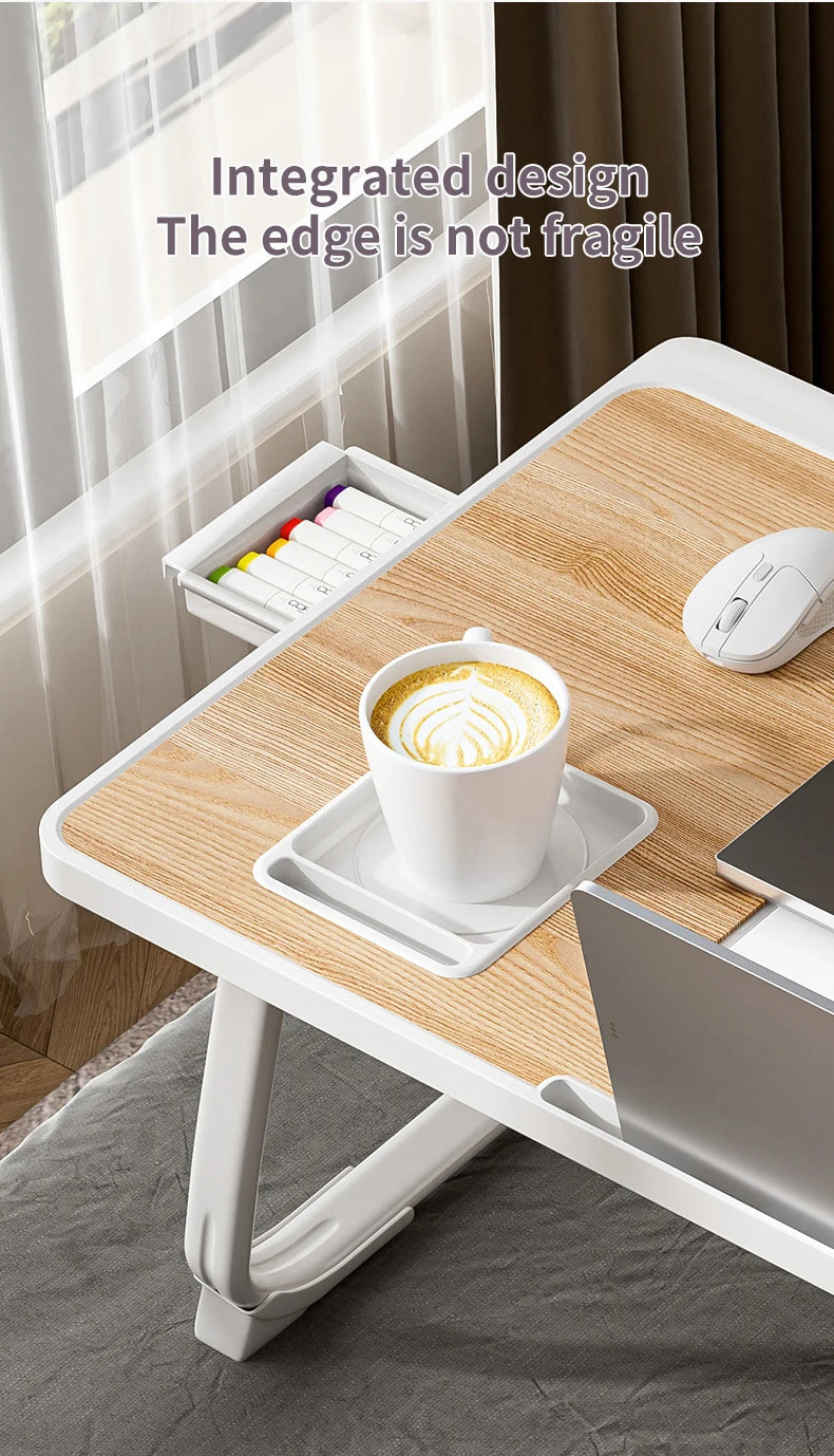 Foldable Laptop Bed Desk] Portable Adjustable Height Foldable Laptop Bed Desk with Wooden Surface - Storage Slots & Drawers for