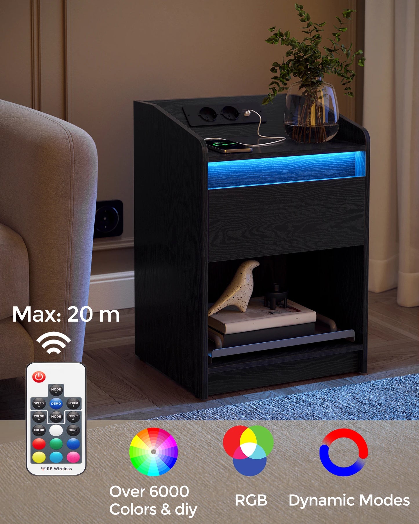 Hzuaneri Bedside Table Set of 2 with LED Light, Bedside Cabinet with Charging Station, 1 Storage Drawer Nightstand for Bedroom