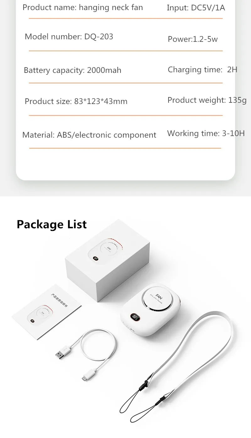 2000mAh Portable Mini Hanging Neck Fan Power ventilador Bladeless Neckband Fan Air Cooler USB Rechargeable Electric Fans