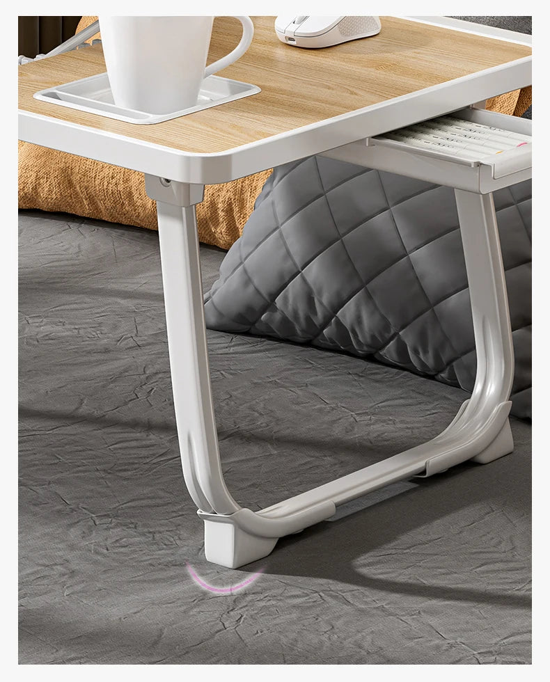 Foldable Laptop Bed Desk] Portable Adjustable Height Foldable Laptop Bed Desk with Wooden Surface - Storage Slots & Drawers for