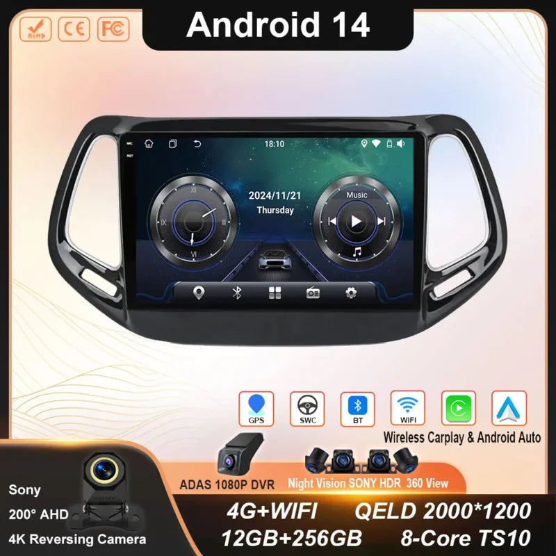 Android 14 For Jeep Compass 2 MP 2016 2017 2018 2019 Car Radio Stereo Multimedia Navigation GPS Auto Radio Player Carplay Screen