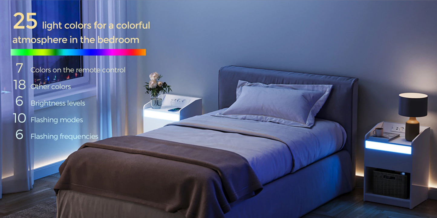 Hzuaneri Bedside Table Set of 2 with LED Light, Bedside Cabinet with Charging Station, 1 Storage Drawer Nightstand for Bedroom