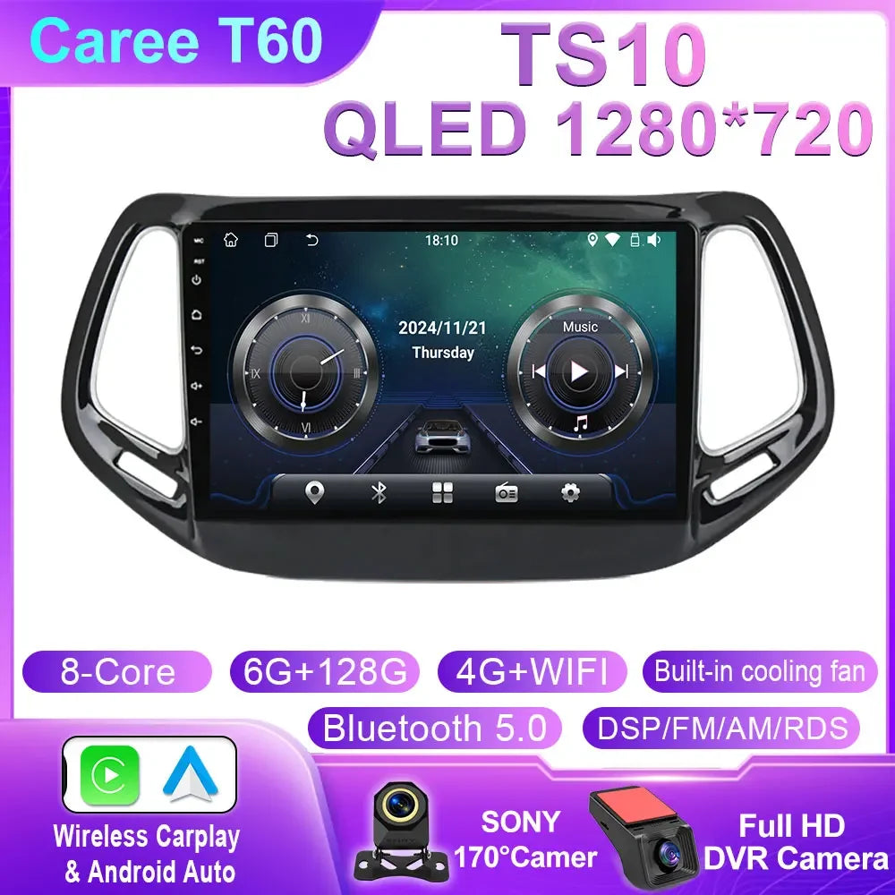 Android 14 For Jeep Compass 2 MP 2016 2017 2018 2019 Car Radio Stereo Multimedia Navigation GPS Auto Radio Player Carplay Screen