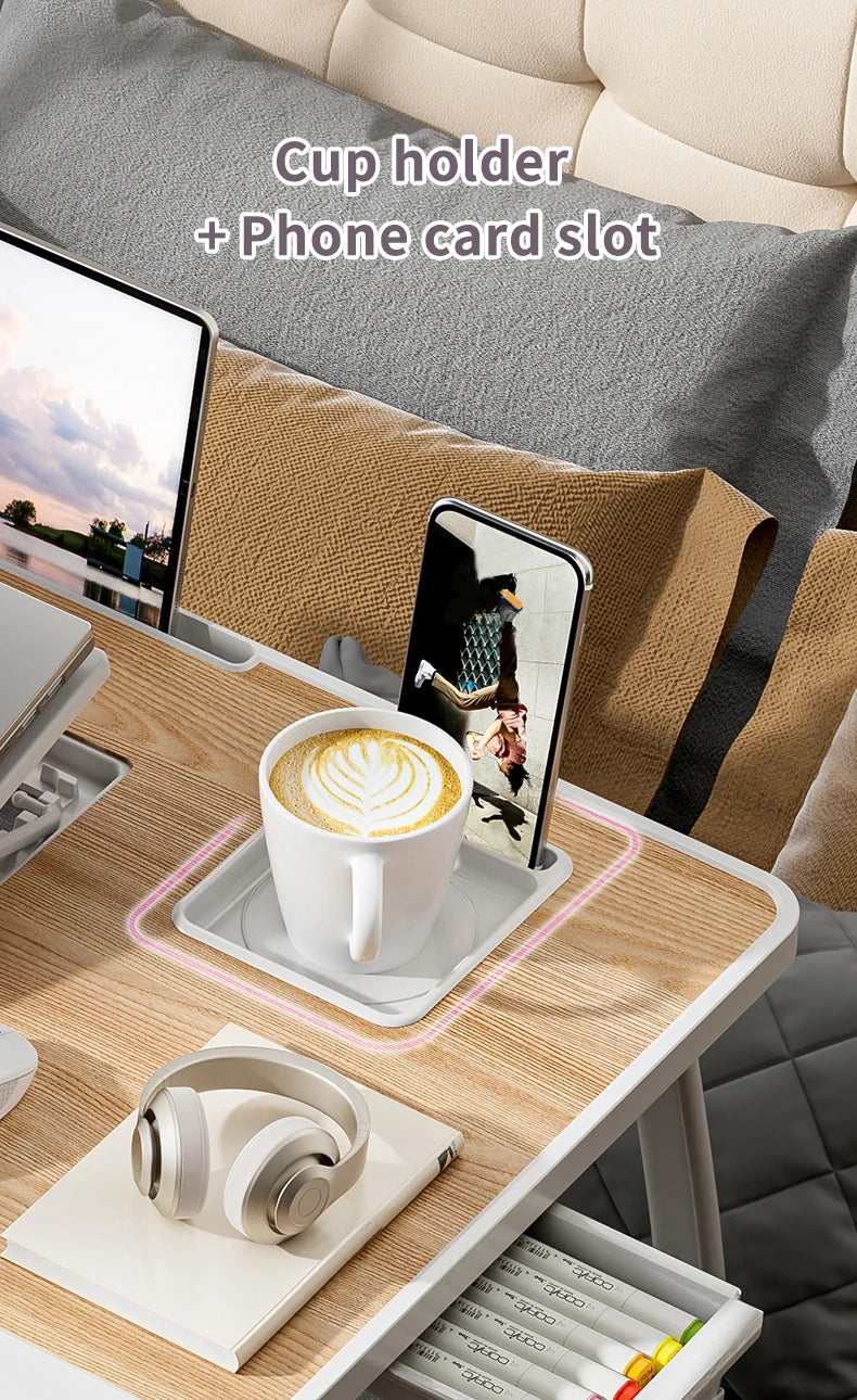 Foldable Laptop Bed Desk] Portable Adjustable Height Foldable Laptop Bed Desk with Wooden Surface - Storage Slots & Drawers for