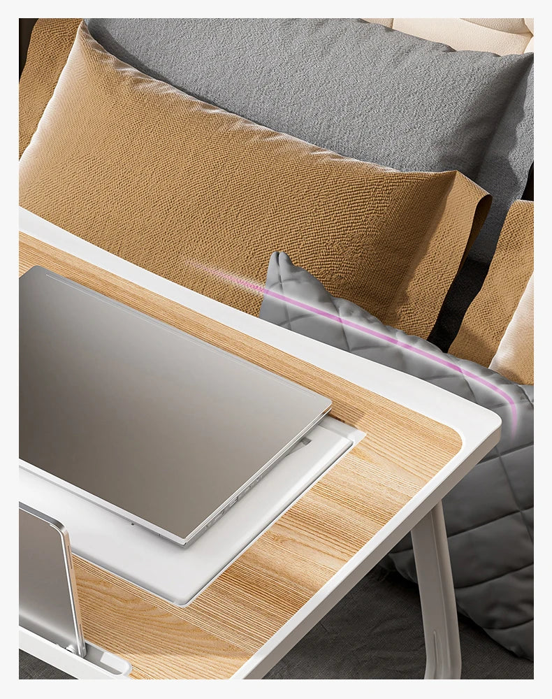 Foldable Laptop Bed Desk] Portable Adjustable Height Foldable Laptop Bed Desk with Wooden Surface - Storage Slots & Drawers for