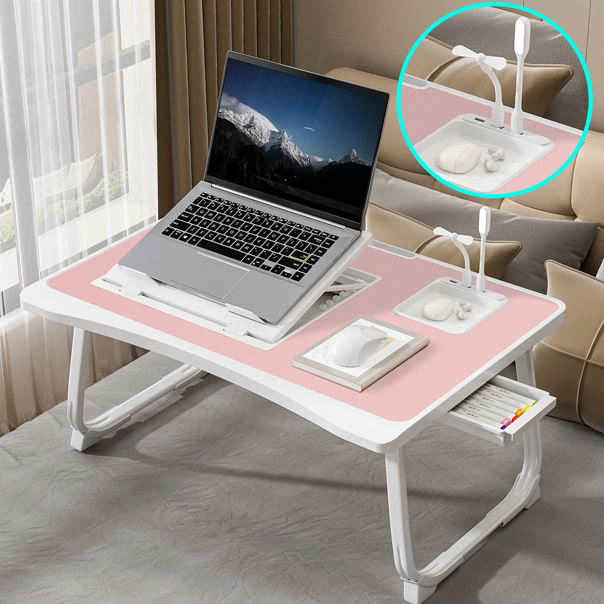 Foldable Laptop Bed Desk] Portable Adjustable Height Foldable Laptop Bed Desk with Wooden Surface - Storage Slots & Drawers for