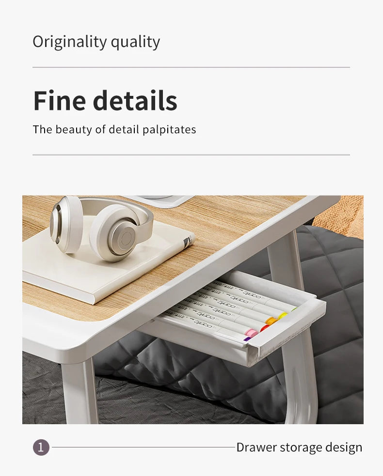 Foldable Laptop Bed Desk] Portable Adjustable Height Foldable Laptop Bed Desk with Wooden Surface - Storage Slots & Drawers for