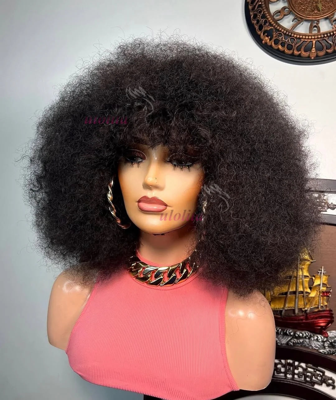 Short Kinky Curly Full Machine Wig With Bangs Scalp Top Remy Brazilian Afro Kinky Curly Human Hair Wigs For Black Women 1B