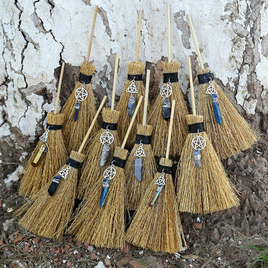 Wicca Celtic Pentagram Mini Witch's Broom Hanging Decorations Witchcraft Accessories Irregular Raw Crystal Wicca Altar Broom