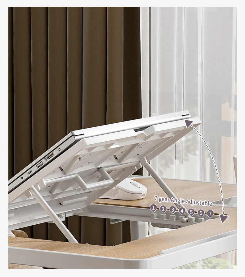 Foldable Laptop Bed Desk] Portable Adjustable Height Foldable Laptop Bed Desk with Wooden Surface - Storage Slots & Drawers for