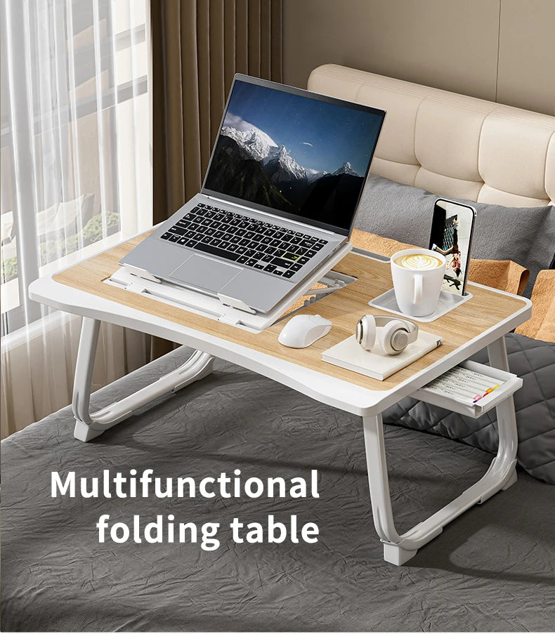 Foldable Laptop Bed Desk] Portable Adjustable Height Foldable Laptop Bed Desk with Wooden Surface - Storage Slots & Drawers for
