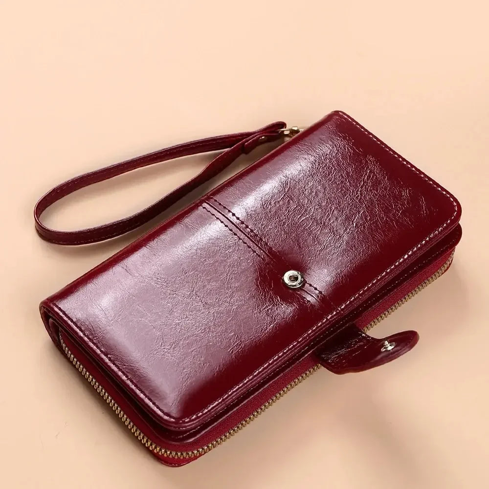 Women's Vintage Oil Wax PU Leather Clutch Wallet Female Large Capacity Phone Purse Ladies Wristband Simple Card Holder Pouch Bag