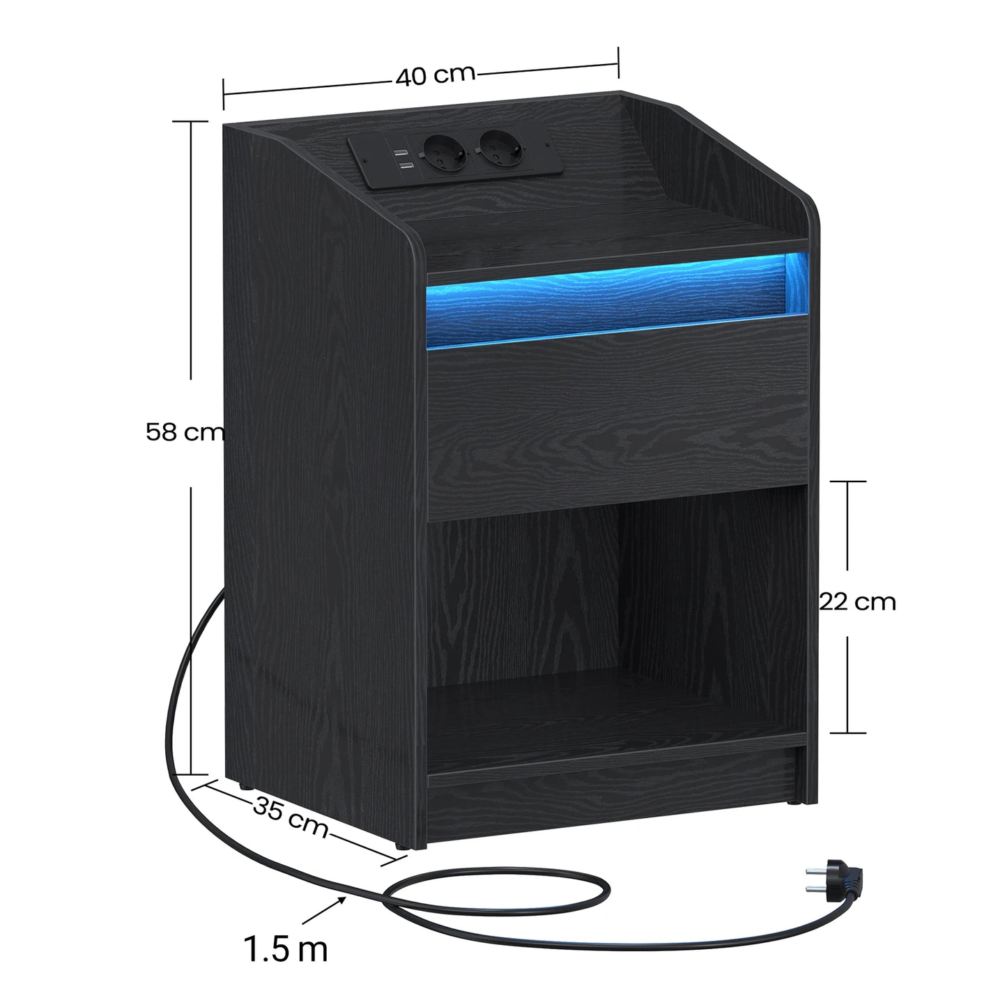 Hzuaneri Bedside Table Set of 2 with LED Light, Bedside Cabinet with Charging Station, 1 Storage Drawer Nightstand for Bedroom