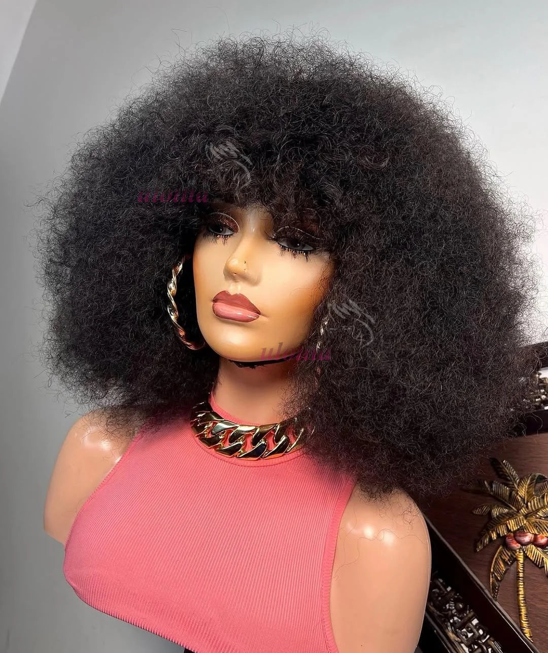Short Kinky Curly Full Machine Wig With Bangs Scalp Top Remy Brazilian Afro Kinky Curly Human Hair Wigs For Black Women 1B